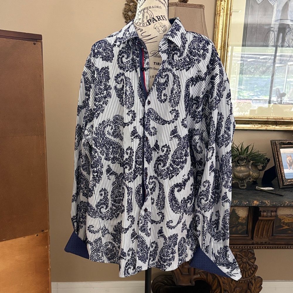 VIA UOMO Navy and White Paisley Button Down Long Sleeve Shirt 3XL/4XL